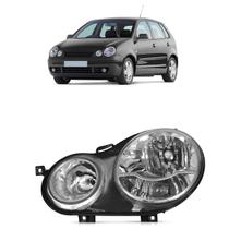 Farol Dianteiro Polo Hatch 2003 2004 2005 2006 Máscara Cromada Lente Lisa Acrílico Foco Duplo Carcaça Preta