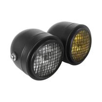 Farol Duplo H4 Preto Para Harley Touring Cruiser Suzuki Honda Com Lente Amarela Transparente
