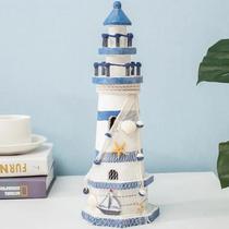 Farol Enfeite Decorativo Náutica Oceano Branco e Azul 30cm