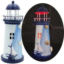 Farol Marítimo Artesanal Enfeite Náutico Metal Com LEDs 18cm Navio