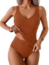 Fatos de banho tankini femininos com nervuras para controle de barriga caramelo