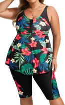 Fatos de banho Tankini Hanna Nikole Red Flower Plus Size para mulheres
