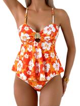 Fatos de banho Tankini SweatyRocks Floral Orange com cintura alta