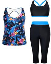 Fatos de banho Yonique, 3 peças, tamanho grande, tanquíni, azul, floral