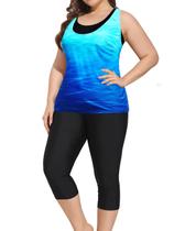 Fatos de banho Yonique, 3 peças, tamanho grande, tanquíni azul gradiente