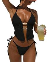 Fatos de banho ZAFUL Halter texturizados sem encosto, 2 peças para mulheres Fatos de banho ZAFUL Halter texturizados sem encosto, 2 peças para mulheres