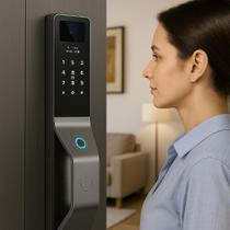 Fechadura Inteligente Facial 3D Impressão Digital WiFi Aço 6068 Câmera 24h Senha Chave Cartão