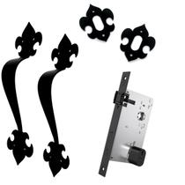 Fechadura Rolete, Porta de Entrada + Par de Puxador Rústico