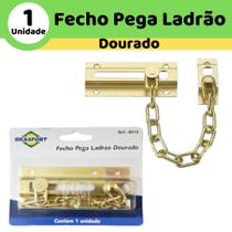 Fechadura Trinco Segurança Porta Janela Com Corrente Pega Ladrão Dourado - 8013