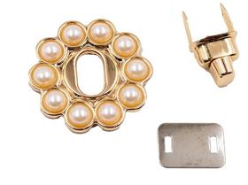 Fecho para bolsa redondo 40x40mm com perola dourada