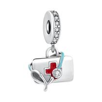 Feminino 925 Prata Cruz Pingente Asas De Anjo Enfermeira Médico Charme Pulseira Jóias Buda Grânulo