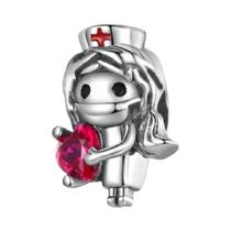 Feminino 925 Prata Cruz Pingente Asas De Anjo Enfermeira Médico Charme Pulseira Jóias Buda Grânulo