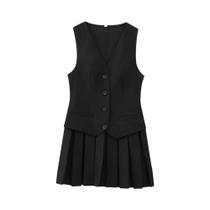 Feminino com decote em v sem mangas plissado mini vestido moda botão frontal feminino vestidos mujer Feminino com decote em v sem mangas plissado mini vestido moda botão frontal feminino vestidos mujer