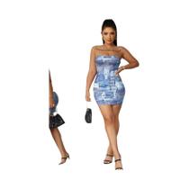 Feminino denim impresso peito envolto mini saia festa vestido sem mangas apertado Feminino denim impresso peito envolto mini saia festa vestido sem mangas apertado