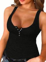 Feminino Elegante Grande Tripulação Pescoço Botão Detalhe Malha Regata Elegante Sexy Cinta Peito