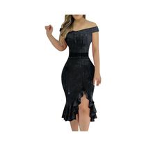 Feminino Sexy Fora Do Ombro Plissado Split Bodycon Glitter Na Altura Do Joelho Vestido De Festa