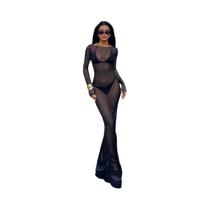 Feminino Sexy Magro Manga Longa Malha Transparente Até O Chão Vestido Praia Estilo Maiô Capa