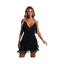 Feminino Sexy Profundo Decote Em V Alças Finas Franja Borla Bodycon Mini Vestido Gatsby Coquetel