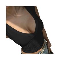 Feminino Sexy Profundo Decote Em V Colheita Topo Básico Sólido Camiseta Verão 2024 Moda Vintage