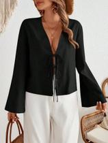 Feminino Solto Decote Em V Rendas Até Oco Lanterna Manga Blusa Verão Casual Moda 2024 - others