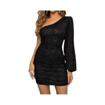 Feminino Um Ombro Manga Longa Sexy Bodycon Vestido Preto Festa Saia Curta Diwu 2023