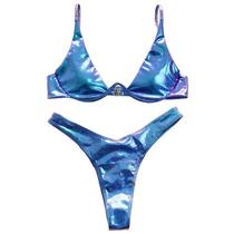 Feminino Underwire Biquíni Conjunto Brilhante Maiô Metálico Terno de Banho De Fundo Atrevido - Azul - S