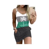 Feminino Verão Casual Com Decote Em V Sem Mangas Mini Vestido Coqueiro Impressão Bolso Design Férias