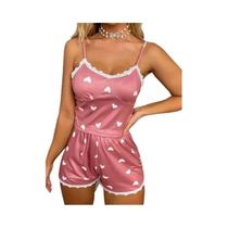 Feminino Verão Casual Em Forma De Coração Impresso Renda Aparada Pijama Conjunto Camisola Colete