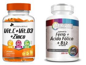 Ferro + Ácido Fólico + Vitaminas B12 C D3 Zinco 60 Capsulas - Flora Nativa