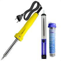 Ferro de Solda 30w 127v com Suporte + Fio de Soldagem Estanho 22g + Sugador Kit Ferro de Solda 30w 127v com Suporte + Fio de Soldagem Estanho 22g + Sugador Kit