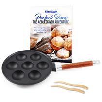 Ferro fundido Aebleskiver Pan StarBlue de 7 furos com cabo de madeira Ferro fundido Aebleskiver Pan StarBlue de 7 furos com cabo de madeira