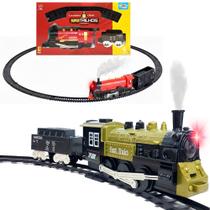 Ferrovia Grande Brinquedo Trem Solta Fumaça com Luz Locomotiva e Vagão na Caixa
