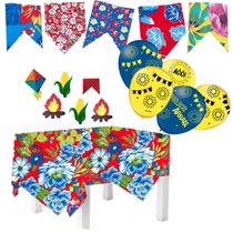 Festa Junina Kit: 3 Toalhas Mesa Chita Floral 70x70 + Bandeirinhas Tecido 5 Metros + 6 Apliques + 5 Balões Temáticos