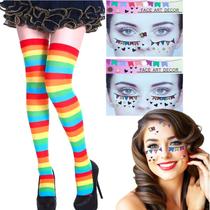 Festa Junina Kit: Maquiagem Adesiva para o Rosto Face Jewels 2 Cartelas Sortidas + 1 Meia 7/8 Colorida Emília Arco Íris