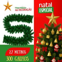 Festão de Natal Verde Aramado Luxo 2,7m com 300 Galhos Grosso Flexível para Porta, Janela, Mesa, Escada, Guirlanda e Festao Decoração