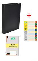 Fichário 4 Argolas Preto 250x335x40mm c Divisória Plástica C/10 c Bloco 96 Folhas