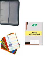 Fichário 4 Argolas Ziper Preto 250x340x35mm c Divisória Plástica C/10 c Bloco 96 Folhas