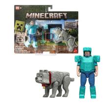 Figura de ação Mattel Minecraft Movie Steve com lobo de 4 polegadas Figura de ação Mattel Minecraft Movie Steve com lobo de 4 polegadas