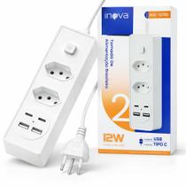 Filtro de Linha 2 Metros Extensão 2 Tomadas 2 Entradas USB 2 Entradas Tipo C 110.220V Bivolt Botão Interruptor