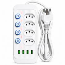 Filtro De Linha Extensão Régua 4 Tomadas 4 Usb 4 Botão Individual Cabo 2m Bivolt 110/220v Premium