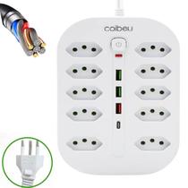 Filtro de Linha Proteção Extensão Multifuncional 10 Tomadas 3 USB-A 1 USB-C Material Resistente ao Fogo 110-220V