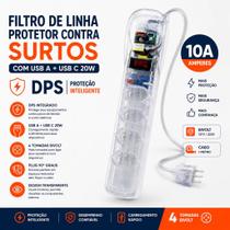 Filtro de Linha protetor contra surtos DPS 4 Tomadas Bivolt USB AC 20W 90 Graus 1 metro 10 amperes Filtro de Linha protetor contra surtos DPS 4 Tomadas Bivolt USB AC 20W 90 Graus 1 metro 10 amperes