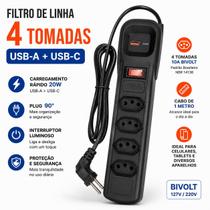 Filtro de Linha régua 4 Tomadas Bivolt Usb A+C 20W 90 Graus 10 amperes protetor contra surtos Filtro de Linha régua 4 Tomadas Bivolt Usb A+C 20W 90 Graus 10 amperes protetor contra surtos