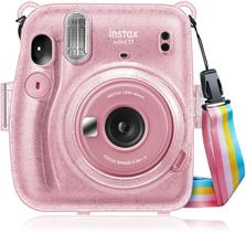 Fintie Protective Clear Case para Fujifilm Instax Mini 11 Instant Film Camera - Crystal Hard PVC Cover with Removable Rainbow Shoulder Strap, Glittering Pink