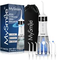 Fio dental de água sem fio esterilizável UVC MySmile LP221 para dentes, monitor OLED portátil de 335 ml com 4 modos, 8 pontas de jato e uma bolsa de armazenamento para casa e viagens (branco pérola)