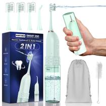 Fio dental portátil com escova de dentes elétrica, kit de limpeza de dentes 2 em 1, combinação de escova de dentes elétrica e fio dental, fio dental para viagens e casa (verde)
