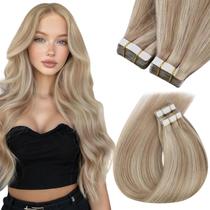 Fita adesiva Sunny Hair em extensões de cabelo Ash Blonde Highlights Fita em extensões Fita invisível em extensões de cabelo Cabelo humano loiro acinzentado com mechas loiras Fita de extensões de cabelo em 22 polegadas 50 G 20 unidades