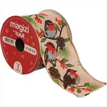 Fita Aramada Natalina Pássaros Vermelhos E Pinhas 63MM X 3M