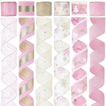 Fita com fio de Natal MAYREEL de 2,5 polegadas rosa e dourada 36 jardas