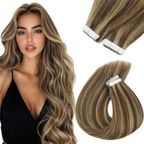 Fita de cabelo Sunny em extensões Cabelo humano Fita de destaque marrom em extensões de cabelo marrom escuro com destaque para extensões de cabelo humano loiro caramelo Fita adesiva em extensões de cabelo castanho 50 g 20 unidades 22 polegadas